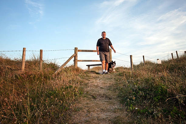 Senior man with dog on beach stile Senior man with dog on beach stile life stile stock pictures, royalty-free photos & images