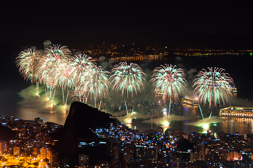 Rio de Janeiro, Brazil - December 31, 2015: Worlds famous New Year firework show at Copacabana Beach.