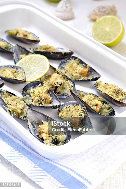 Gratin Of Mussels Selective Focus Italian Cuisine Stock Photo - Download Image Now