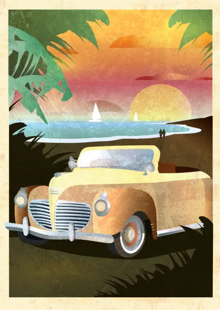Vector illustration of Art Deco style Paradise classic convertible car poster design