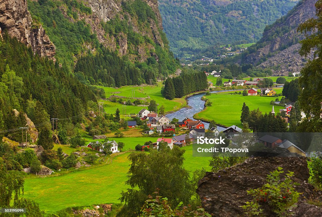 Village in Flam - Norway Village in Flam - Norway - nature and travel background Train - Vehicle Stock Photo