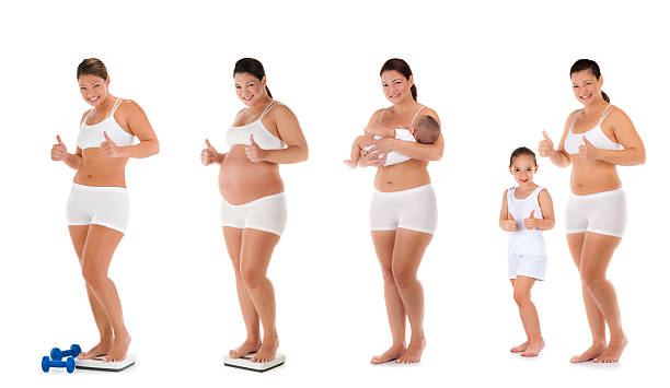 prima, durante e dopo la gravidanza sequenza - make over series foto e immagini stock