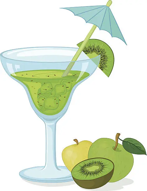 Vector illustration of Glass with green drink and fruits