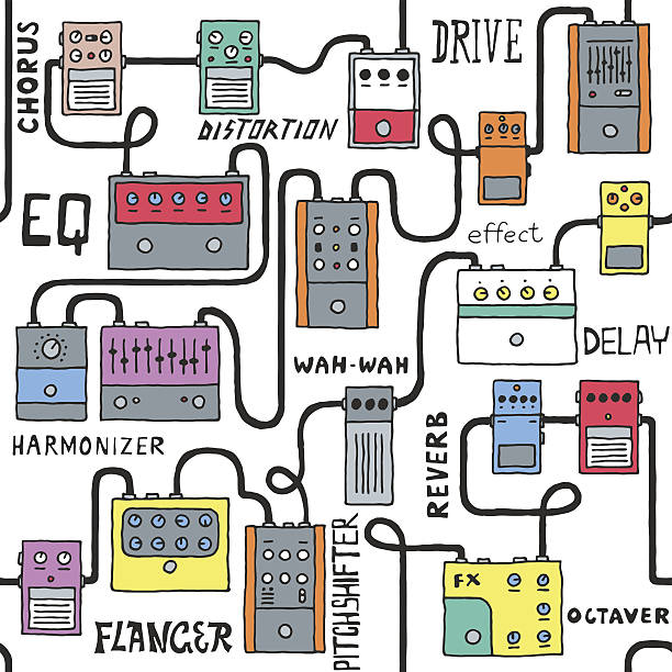 ギターペダルシームレスなパターンの白います。 手描きます。 ベクトルイ��ラスト。 - guitar photographic effects guitar pedal amplifier点のイラスト素材／クリップアート素材／マンガ素材／アイコン素材