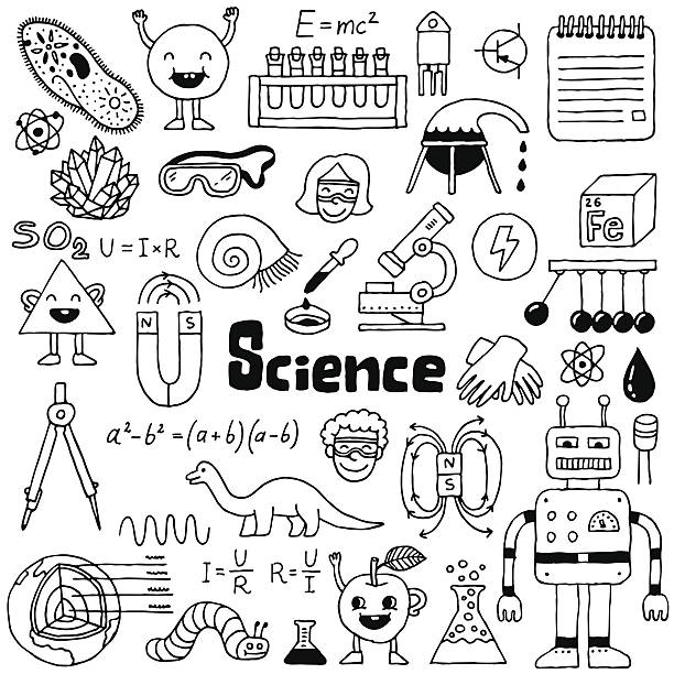 School science doodle set 1. Hand drawn vector illustration. School science doodle set 1. Hand drawn vector illustration. Black and white. child robot class stock illustrations