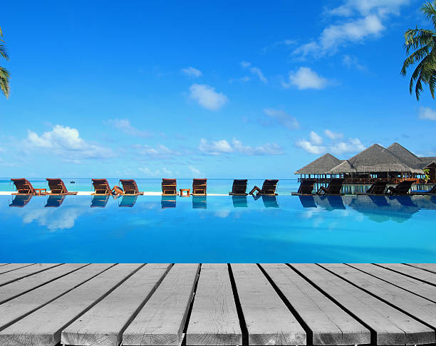 Tropical resort pool with wooden decking