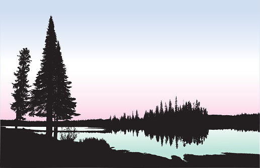 A vector silhouette illustration of a tranquil lake surrounded by pine trees and forest.  The lake is coloured in a light green gradient with a pink and blue sky.