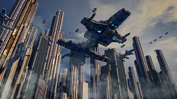 istock Spaceship and city 503218204
