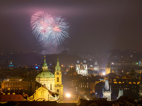 Prague fireworks during New Year Celebration 2016 at Vítkov, Lesser Town, Prague, Czech republic
