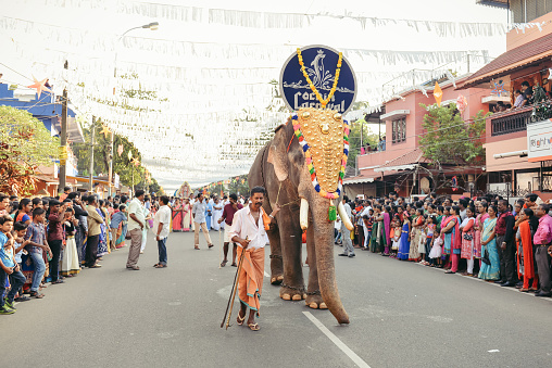 Cochin, India - January 1, 2016: Traditional New Year celebration on carnival, India. Kerala, India. Kochi, formerly known as Cochin, is a city and port in the Indian state of Kerala. One of the famous events here is Cochin New Year Carnival, since 1984 at Fort Kochi. It is celebrated at Fort Kochi every year during the last ten days of December. There are massive procession of caparisoned elephants, games and partying.