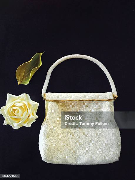 Womens Vintage Beaded Purse Bag With White Rose Stock Photo