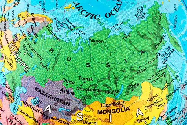 Detail of a desktop globe of the earth showing Russia.