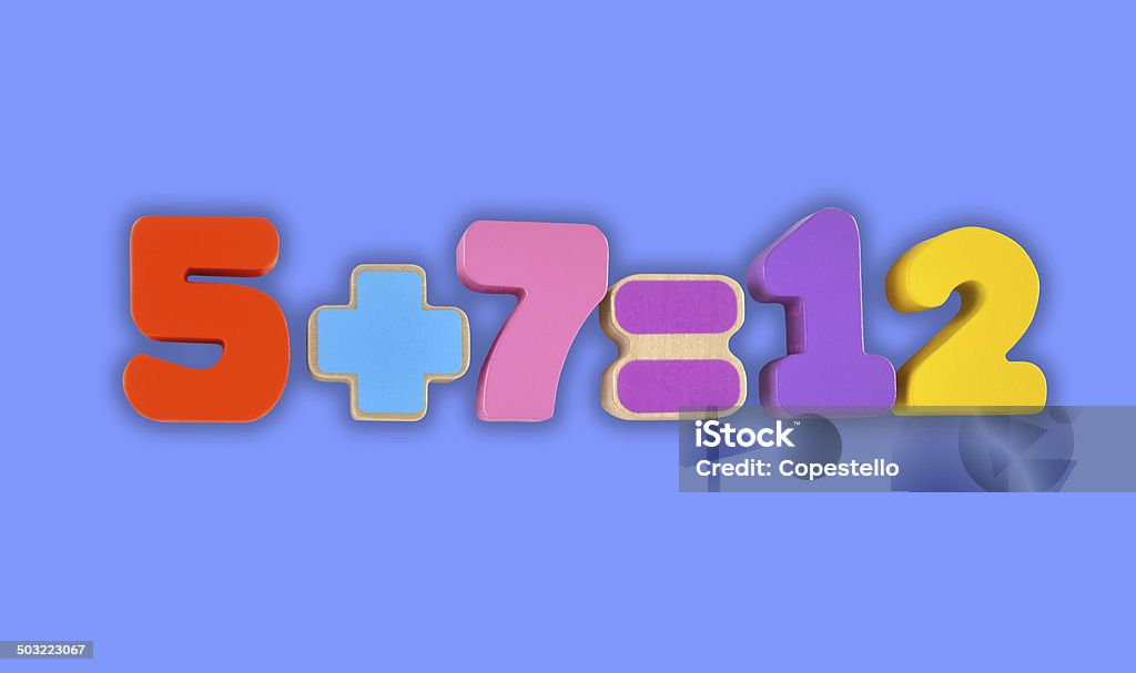 Simple mathematic Simple mathematic example made from wooden blocks toy. Numbers and signs isolated with path. Abstract Stock Photo