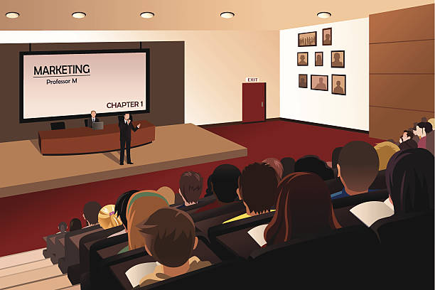 колледж студенты, слушая музыку на профессор в зал - lecture hall illustrations stock illustrations