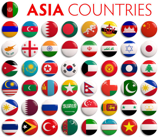 National flags of the different countries on the world map. The place names written on the map use Chinese characters