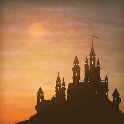 Fantasy vector castle silhouette on the hill against moonlight sky with soft clouds texture. EPS 10 vector
