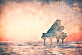 Piano standing in fantasy landscape