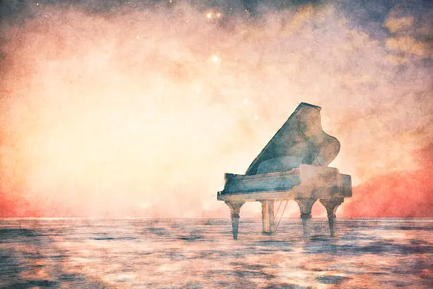 Photo of Piano standing in fantasy landscape