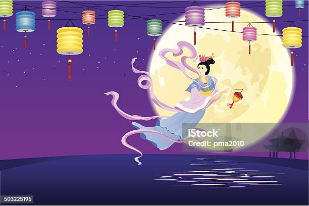 Chiński Wróżka Pływające Na Księżyc Ilustracja - Stockowe grafiki wektorowe i więcej obrazów Kultura chińska - Kultura chińska, Bogini, Księżyc