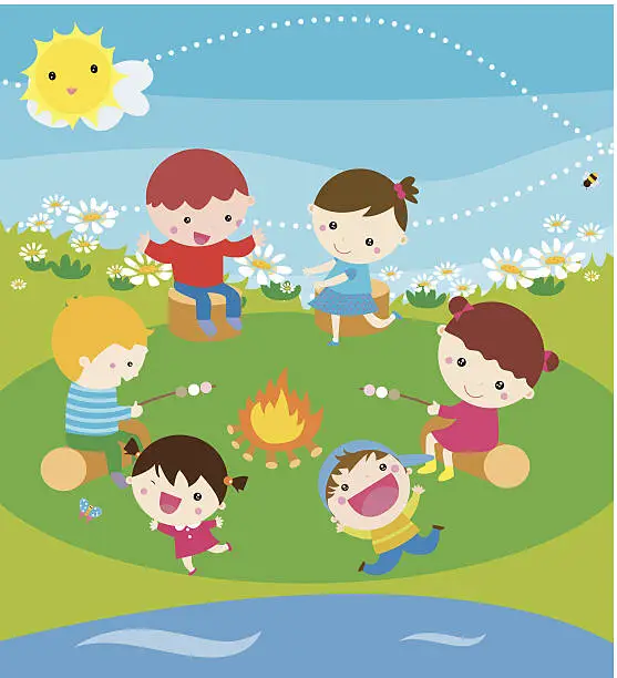 Vector illustration of Children SiTtting Around Camp Fire alking and Laughing