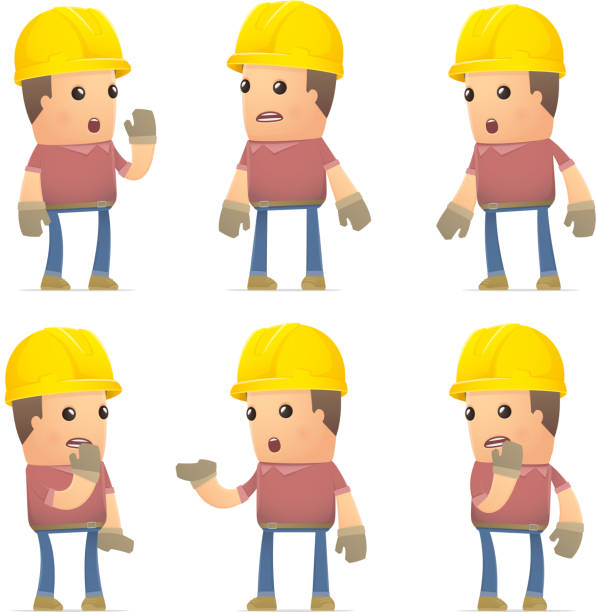 set of builder character in different poses vector art illustration