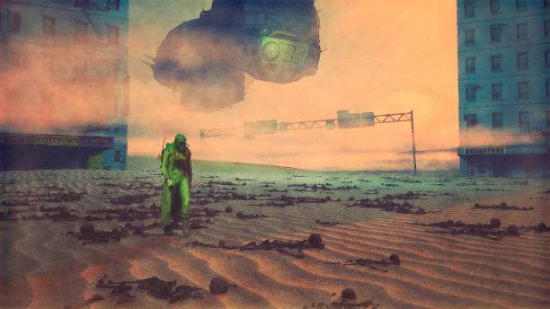 istock Post apocalypse survivor walking in destroyed city 503226159