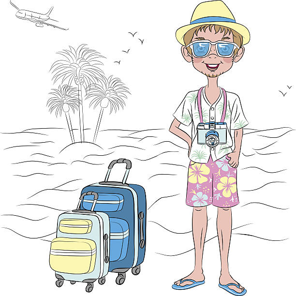 ベクトルヒップスターのお客様には、海のビーチギィ - travel suitcase hawaiian shirt people traveling点のイラスト素材／クリップアート素材／マンガ素材／アイコン素材