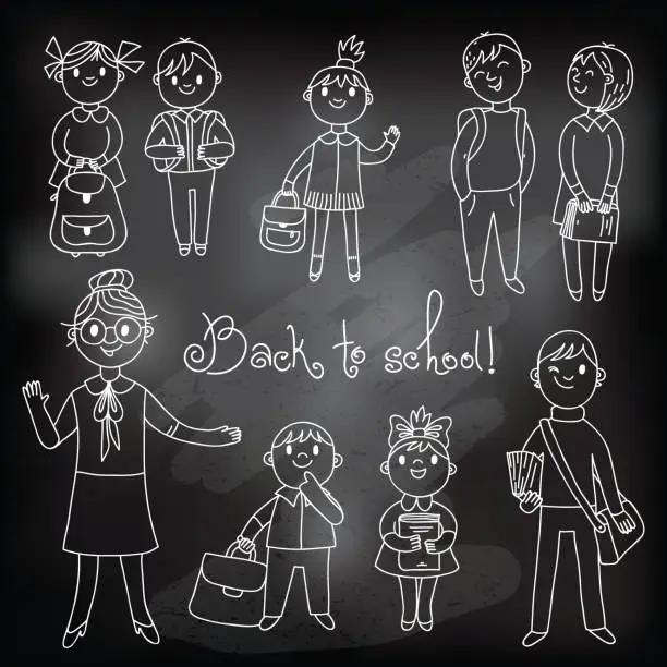 Vector illustration of The teacher with the students. Drawing chalk