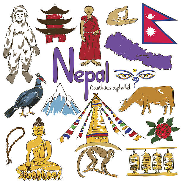 Collection of Nepal icons Fun colorful sketch collection of Nepal icons, countries alphabet prayer wheel nepal kathmandu buddhism stock illustrations