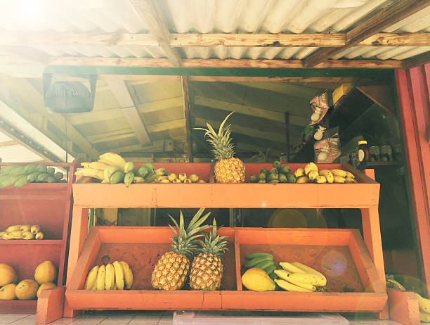 Fresh fruit and vegetables for sale at the covered market in Scarborough, Trinidad and Tobago.