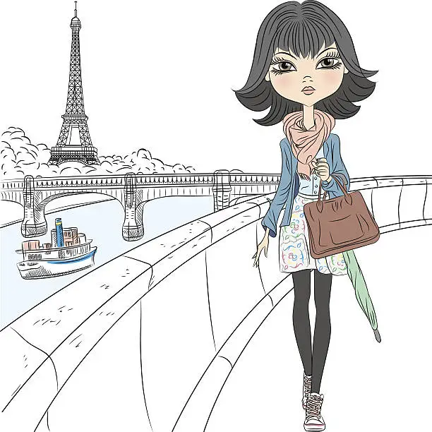 Vector illustration of Vector beautiful fashion girl in Paris