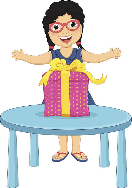 kleine mädchen und geschenk vektor-illustration - vector birthday teenage girls little girls stock-grafiken, -clipart, -cartoons und -symbole