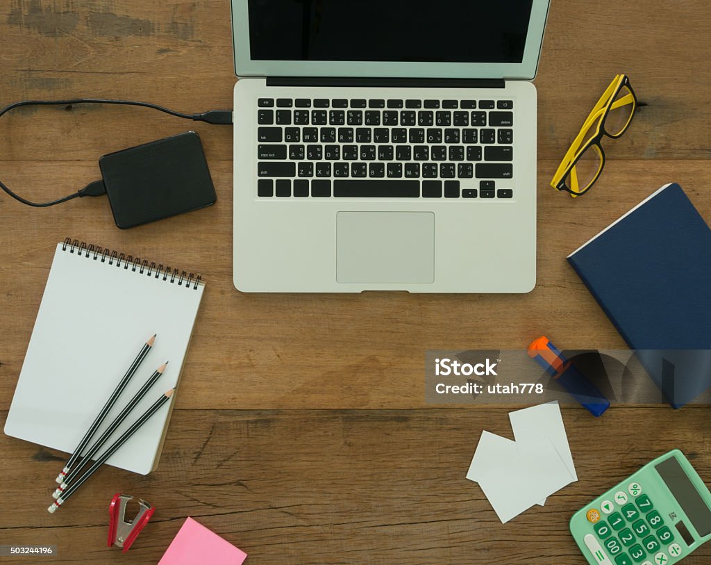 desk office software developer's desk or Web Designer's desk at home. view from top. Business Stock Photo