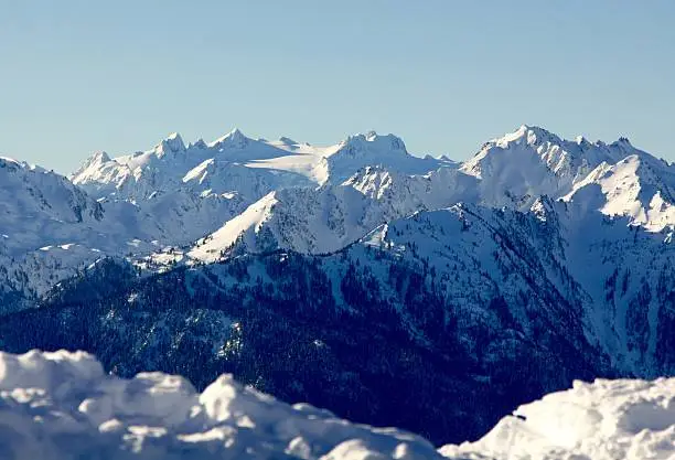 Mount Olympus, center, and the rugged Olympic mountains as seen from Hurricane Ridge all in Olympic National Park