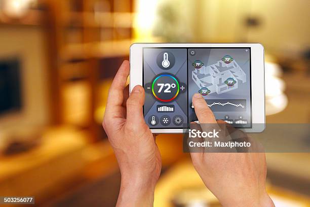 Smart Home Automation Remote Controlling House Temperature Fahrenheit Degrees Stock Photo - Download Image Now