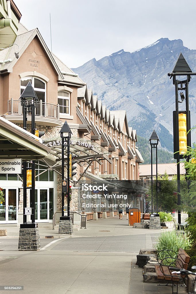 Downtown in Banff National Park of Canada Banff, Canada - Jul 19, 2014: The tourist destination of the town of Banff inside the Banff national park in summertime. Alberta Stock Photo