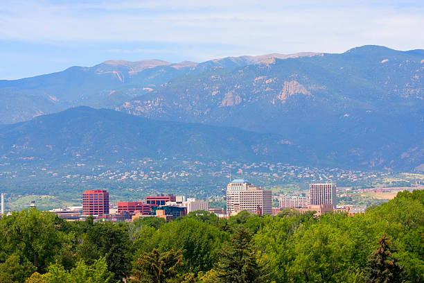 Colorado Springs Colorado Springs, Colorado, USA - July 24, 2014: Colorado Springs with Pikes Peak in the background. colorado springs stock pictures, royalty-free photos & images