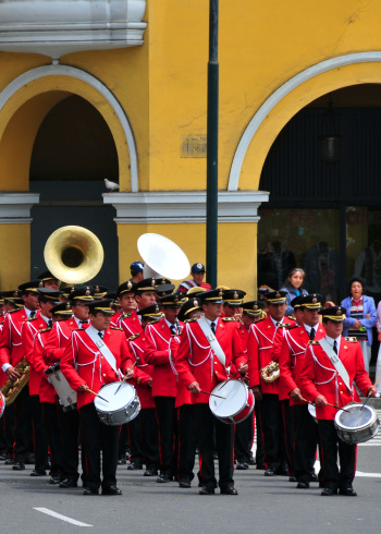 Lima, Peru - September 12, 2009: musicians of the Peruvian National Police marching band play in the change of the guard parade, Plaza de Armas