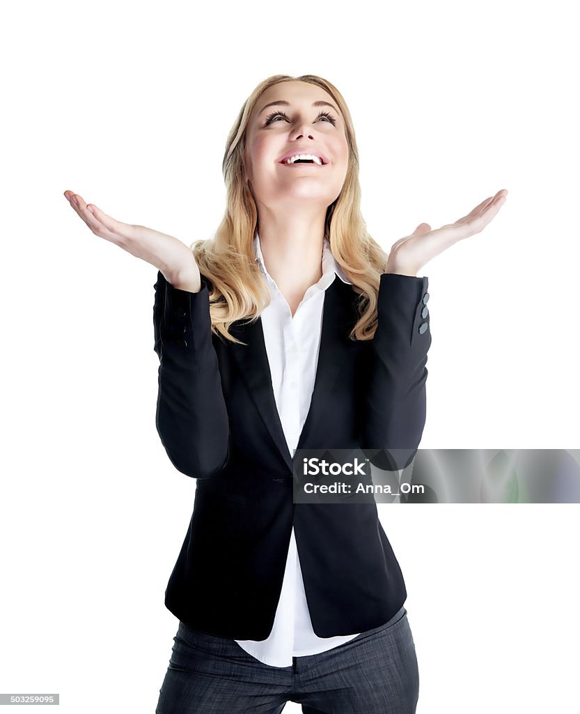 Happy excited business woman Happy excited business woman with raised hands and looking up waiting for inspiration, isolated on white background, good job concept Adult Stock Photo