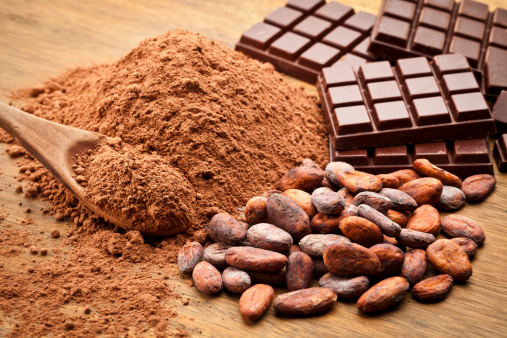 Cocoa Beans and Cocoa Powder with Chocolate Bars on Wood Table.