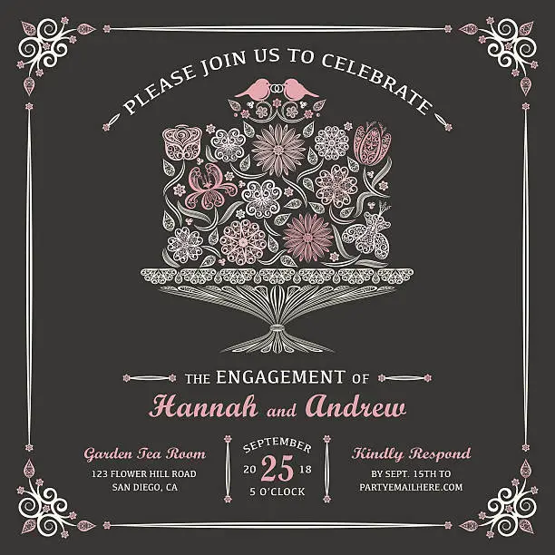 Vector illustration of Floral Engagement Cake Invitation