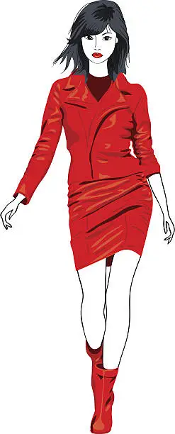 Vector illustration of vector fashion Asian girl in a red leather suit