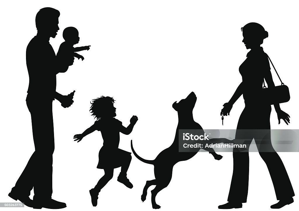 Arriving home Editable vector silhouettes of a woman welcomed home by husband, children and dog with all figures as separate objects Adult stock vector