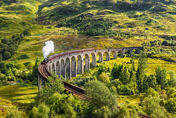 Glenfinnan Railway Viaduct in Scotland with a steam train Glenfinnan Railway Viaduct in Scotland with the Jacobite steam train passing over lochaber stock pictures, royalty-free photos & images