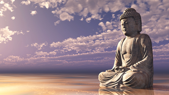 Computer generated 3D illustration with a statue of Buddha at sunset