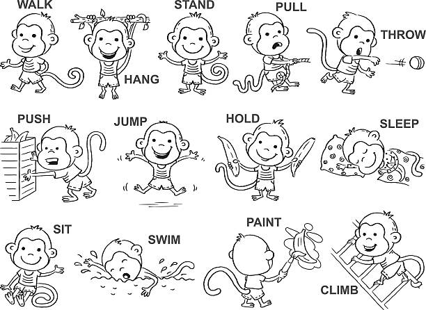 Verbs of action in pictures, black and white Verbs of action in pictures, cute monkey character, black and white outline verb stock illustrations