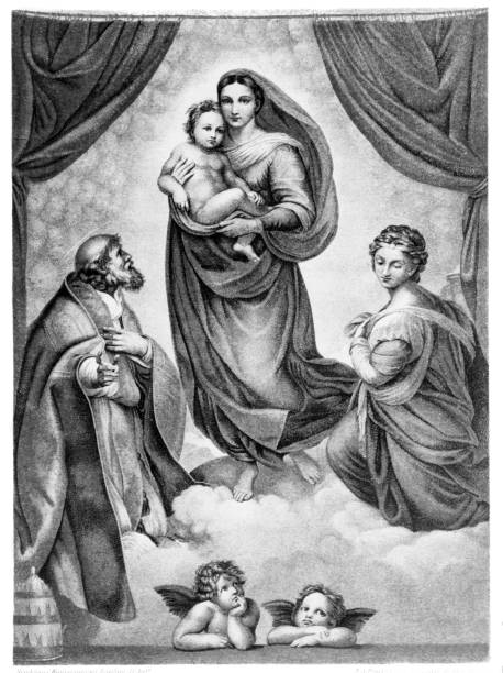 Sistine Madonna Sistine Madonna by Raphael, woodcut engraving sistine madonna stock illustrations