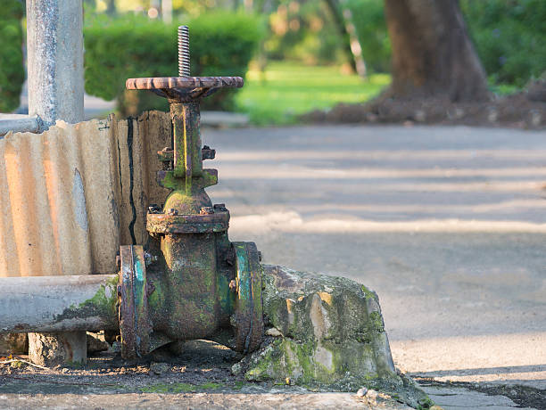 istock Aged water valve full of rust and algae in park. 503279540