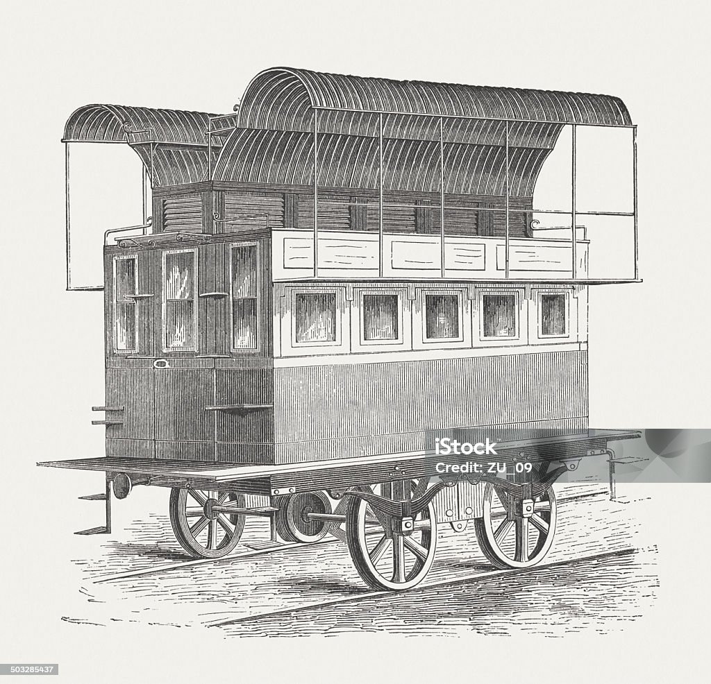 Omnibus with propulsion by horses, wood engraving, published in 1880 Omnibus with propulsion by horses - Forerunner of the modern tram. Woodcut engraving, published in 1880. Agility stock illustration