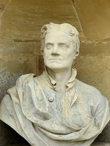 One of the carved busts in the Temple of British Worthies at Stowe, Buckinghamshire, England. The Temple of British Worthies was designed by William Kent in 1734 and the bust of Isaac Newton was carved by John Michael Rysbrack (b 1694 d 1770)
